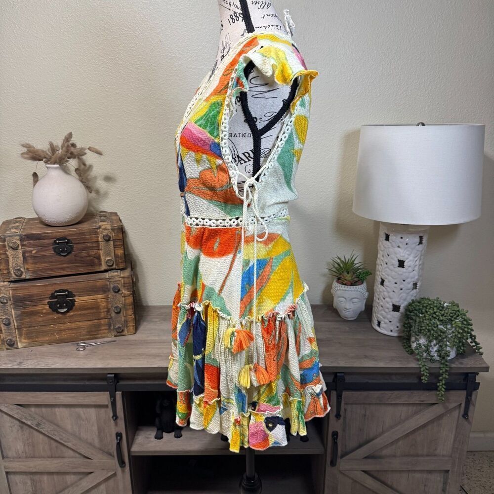Z&L EUROPE Tassel Tie Lace Trim Tiered  Mini Dress  Toucan Print  Sz S Tropical - Picture 4 of 11
